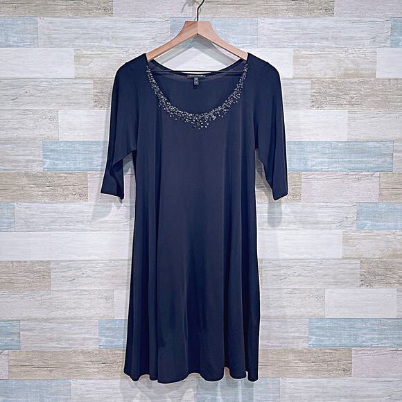 EILEEN FISHER 100% Silk Jersey Sequin Neck Dress Black Half Sleeve Womens Medium - Picture 1 of 6
